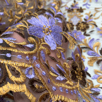 Gold Brown Lilac Floral Embroidered Tulle Lace Fabric