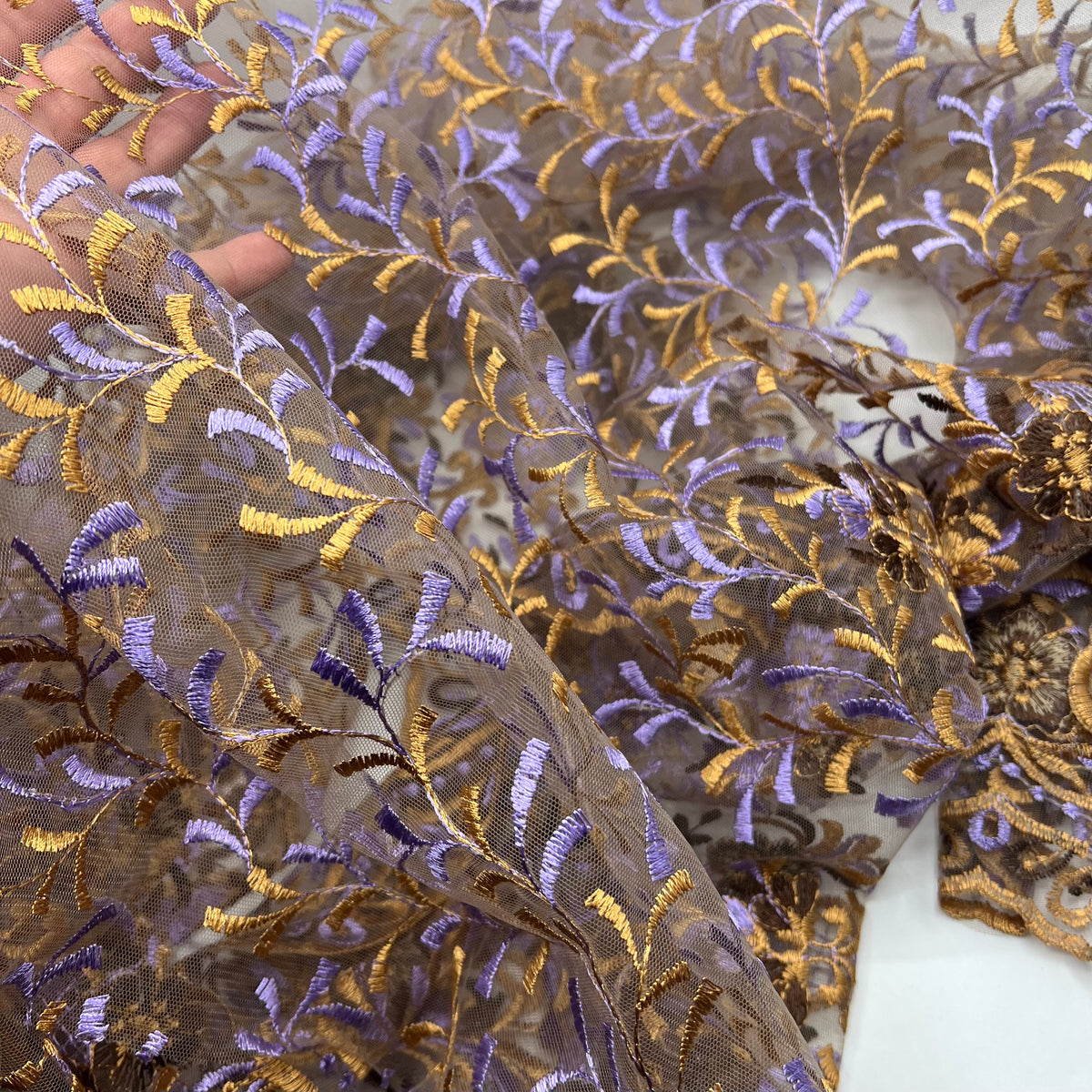 Gold Brown Lilac Floral Embroidered Tulle Lace Fabric