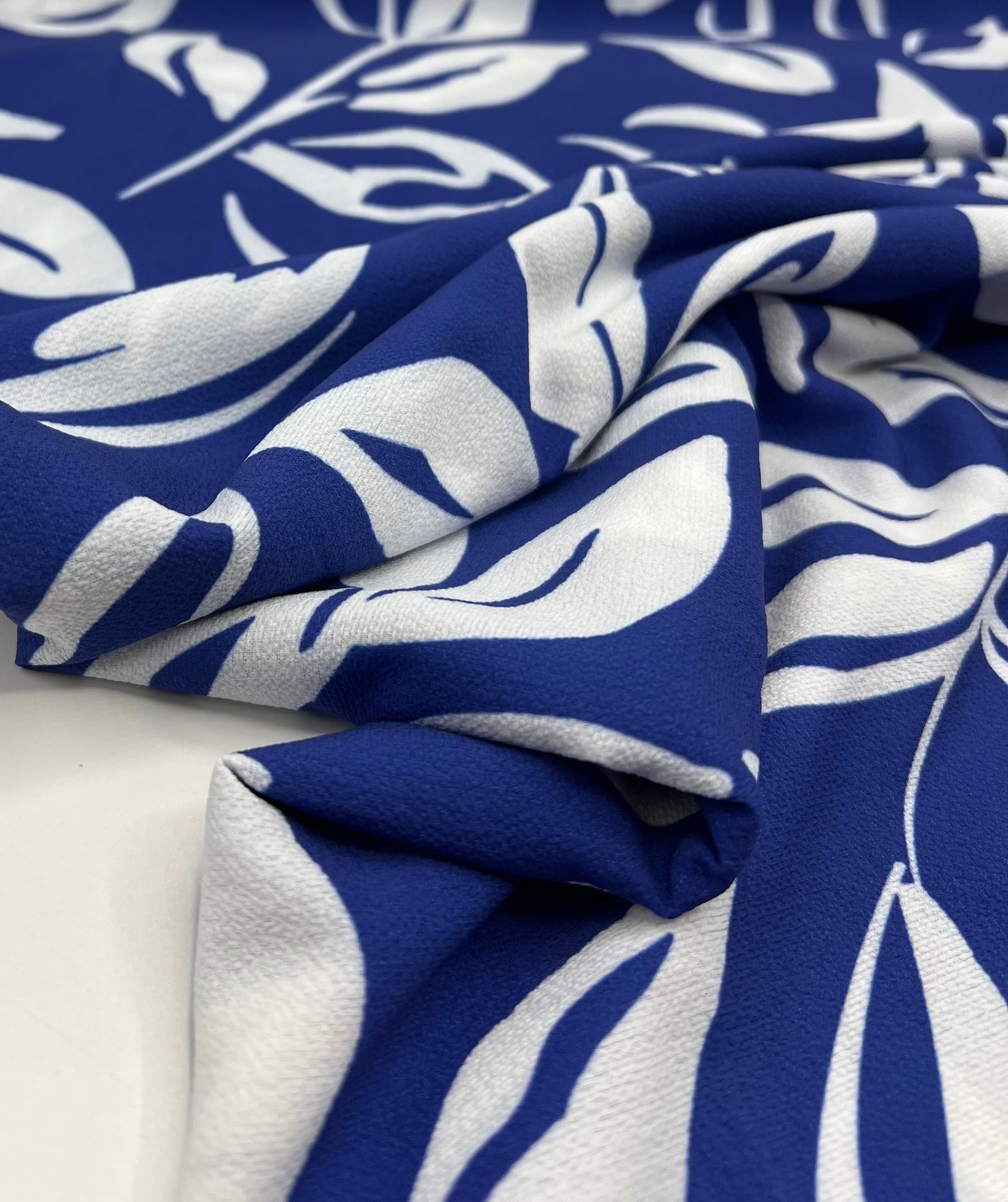Blue Leaf Print Lightweight Bubble Crepe Fabric