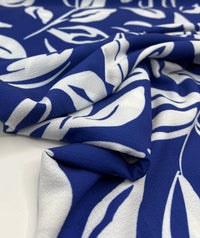 Blue Leaf Print Lightweight Bubble Crepe Fabric
