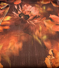 Brown Floral Gold Lurex Stripe Printed Chiffon Dress Fabric