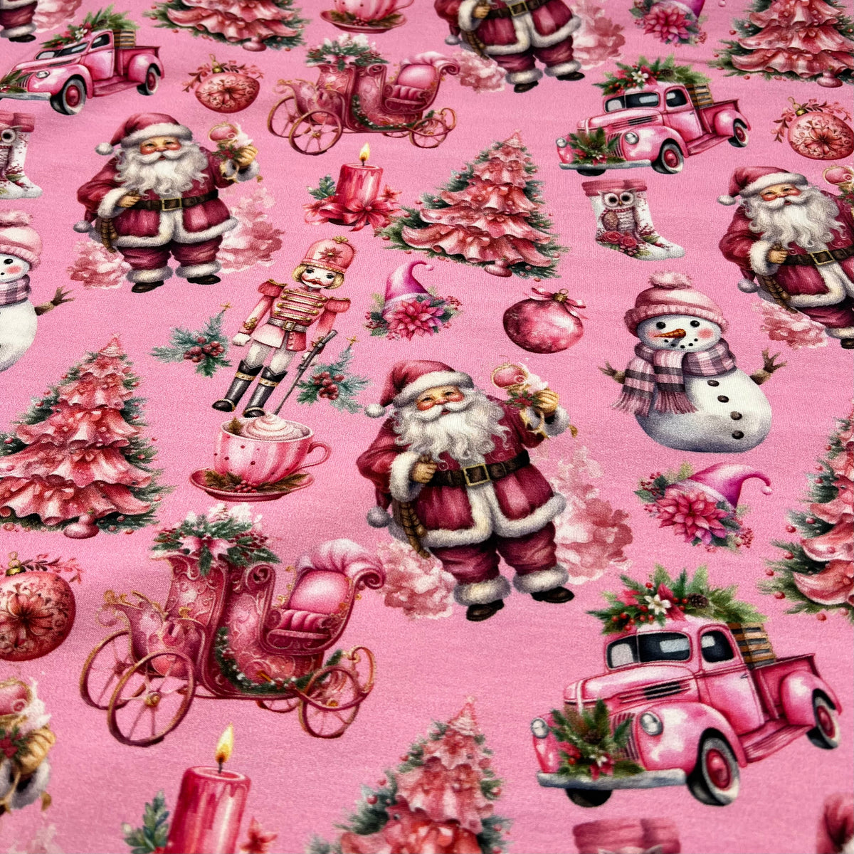 Pink Christmas French Terry Loopback Cotton Jersey Lycra 4 Way Stretch
