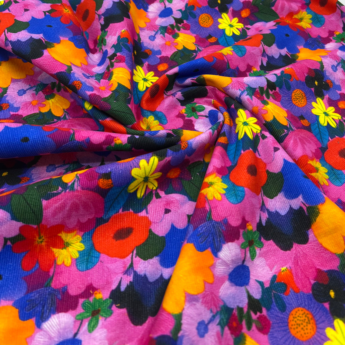 Bright Flowers Floral Print Cotton Needlecord Non Stretch Fabric