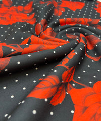 Black Rose Spot Printed Scuba Crepe Fabric 4 Way Stretch