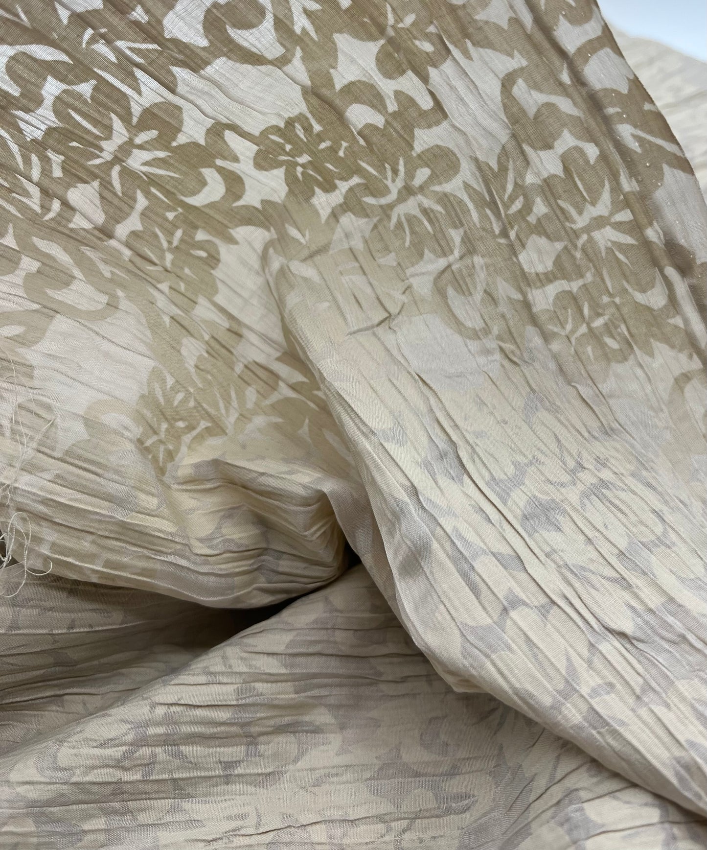 Beige Floral Crinkled Lightweight Non Stretch Woven Fabric