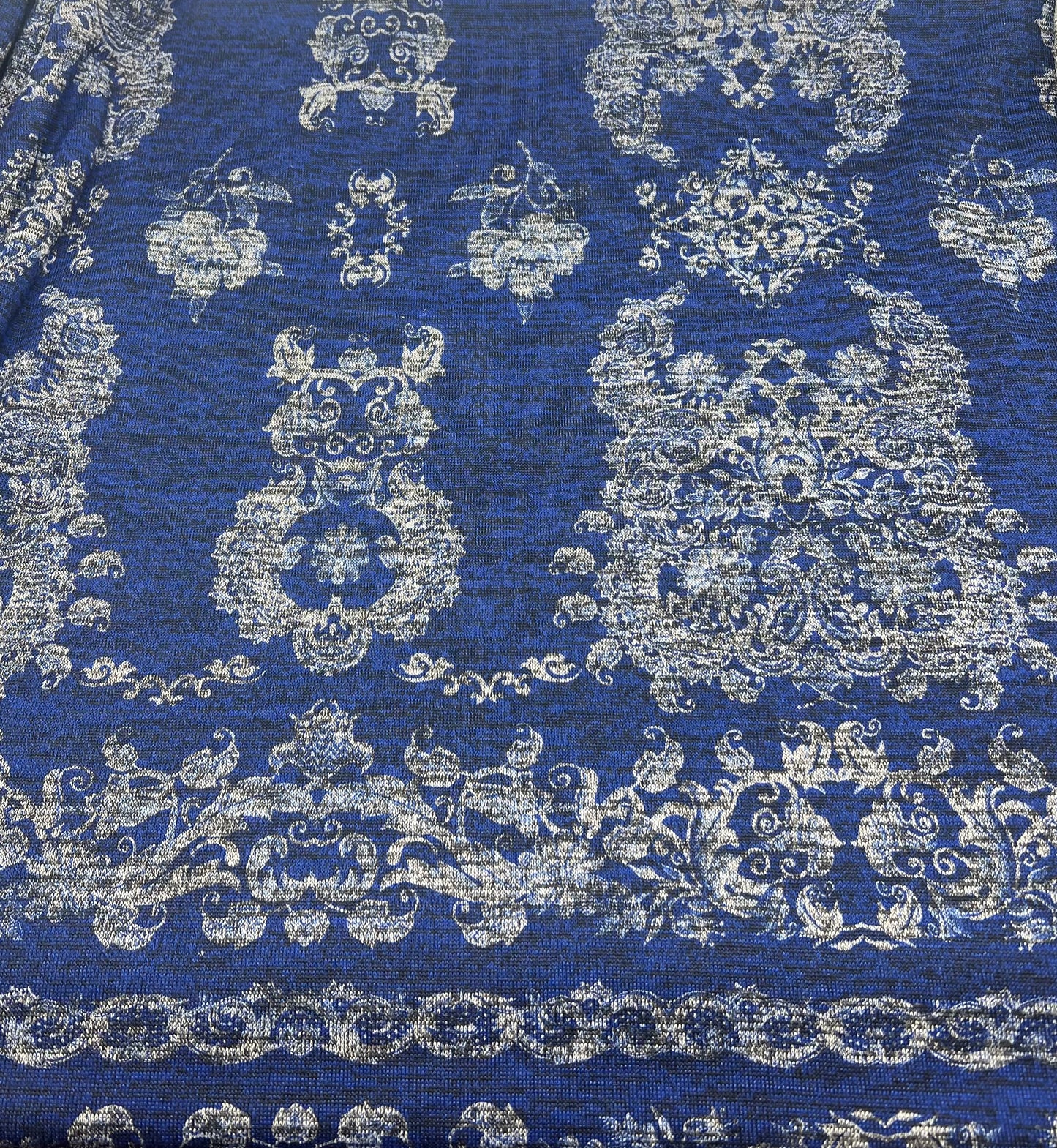 Navy Blue Floral Melange Knit Stretch Fabric