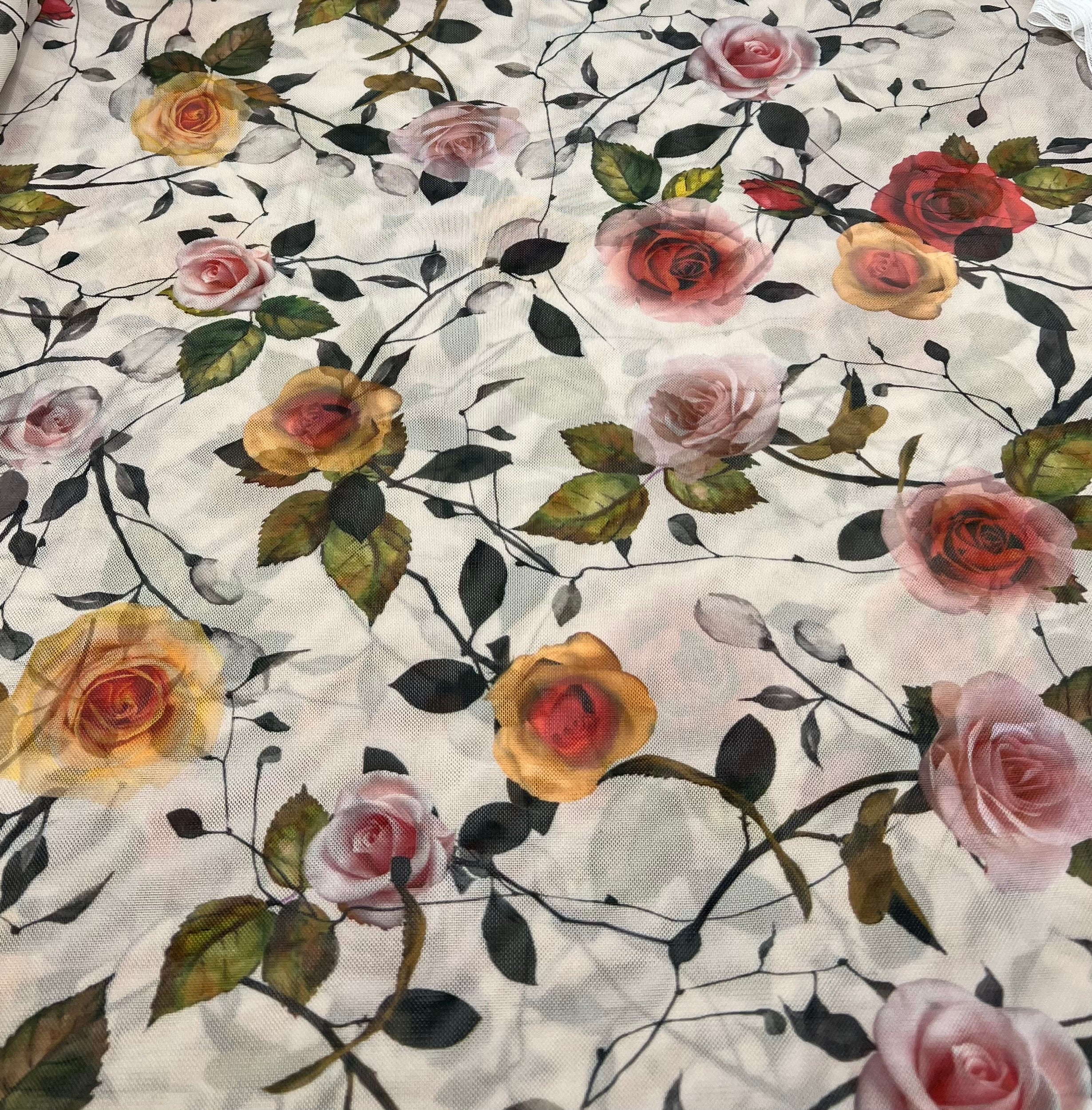 Beige Floral Mesh Fabric Stretch