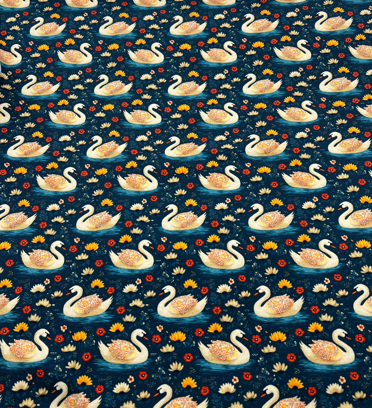 Folk Art Swans Print Cotton Stretch Jersey 200 GSM 95/5 Lycra 4 Way Stretch