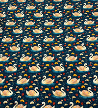 Folk Art Swans Print Cotton Stretch Jersey 200 GSM 95/5 Lycra 4 Way Stretch