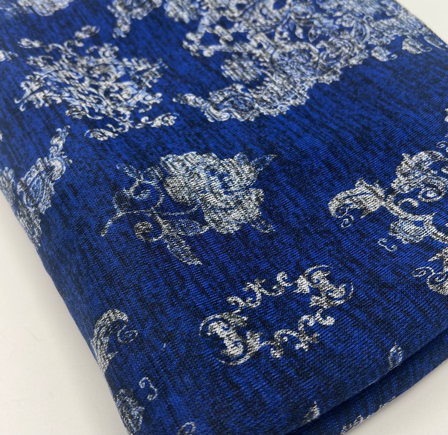 Navy Blue Floral Melange Knit Stretch Fabric