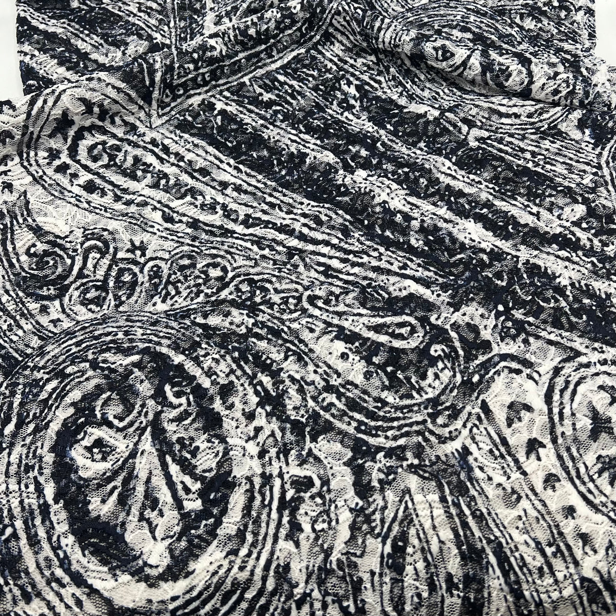 Navy Cream Vintage Paisley Lace Fabric Stretch