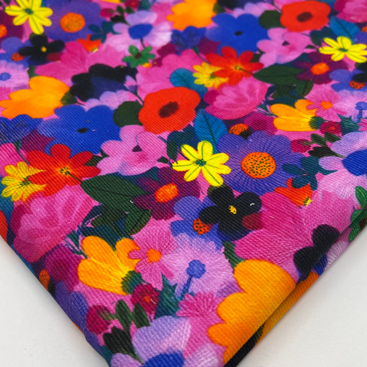 Bright Flowers Floral Print Cotton Needlecord Non Stretch Fabric