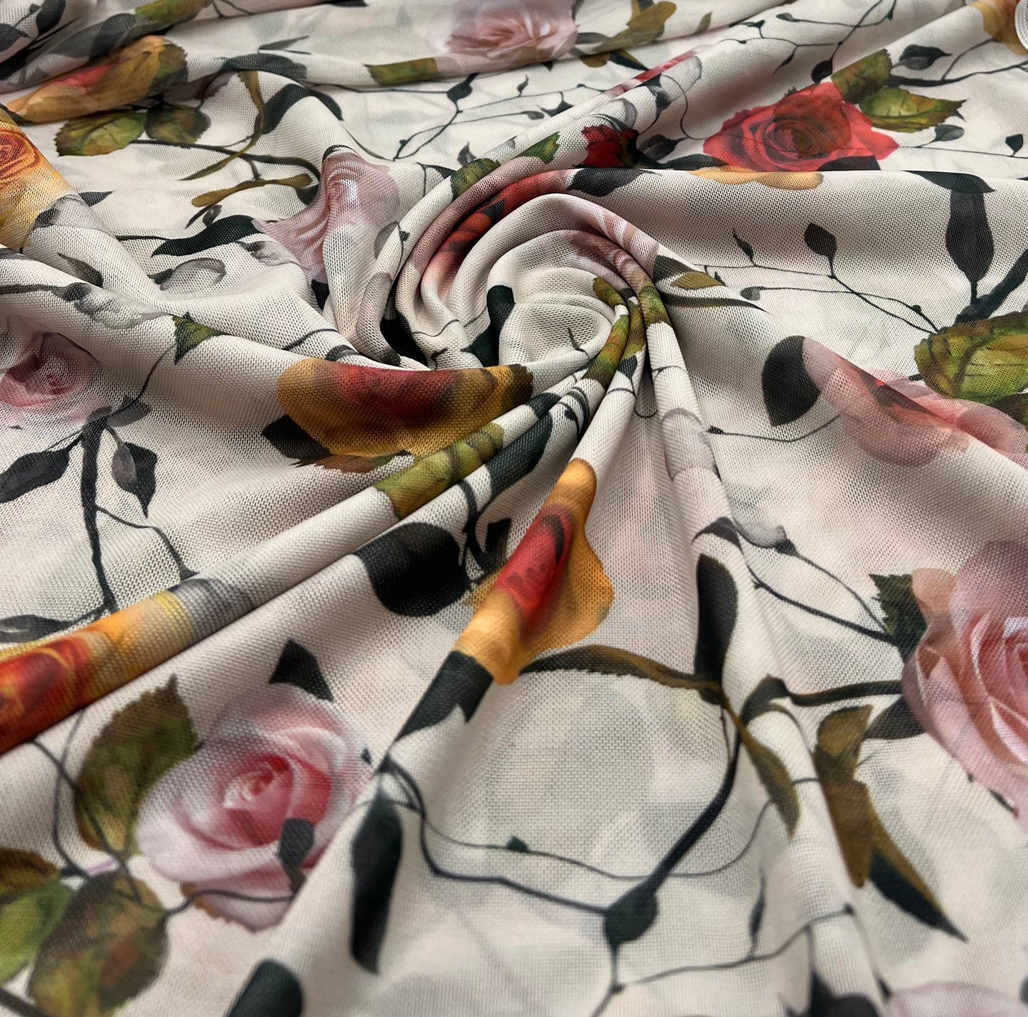 Beige Floral Mesh Fabric Stretch