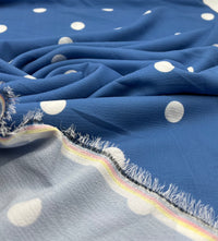 Blue White Polka Print Lightweight Bubble Crepe Fabric