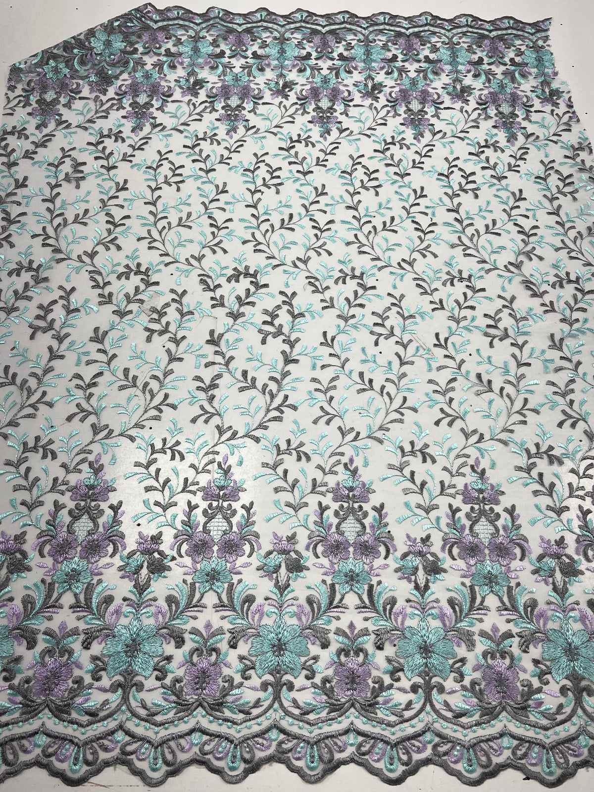 Grey Aqua Lilac Floral Embroidered Tulle Lace Fabric