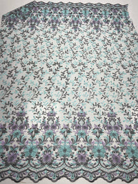 Grey Aqua Lilac Floral Embroidered Tulle Lace Fabric
