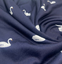 Navy Swan Print Spun Poly Stretch Fabric