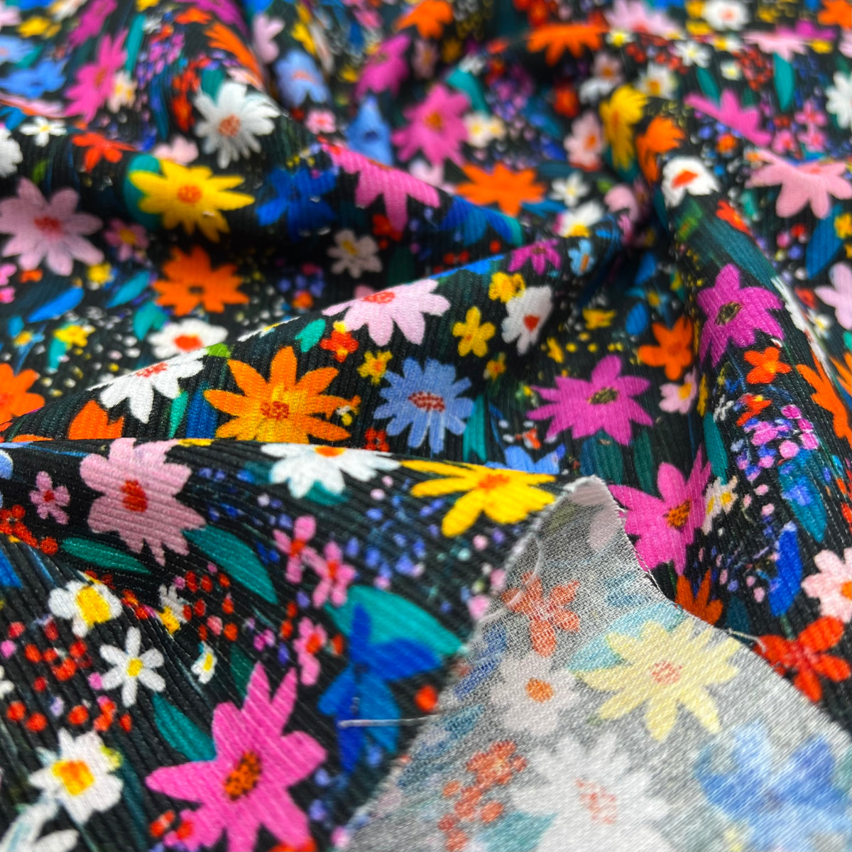 Bright Multi Floral Print Cotton Needlecord Non Stretch Fabric