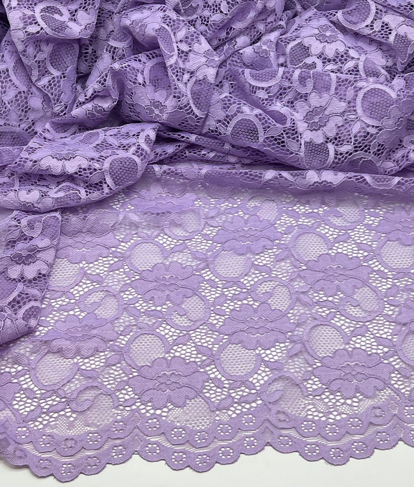 Lilac Flower Scalloped Edge Floral Lace Fabric Stretch