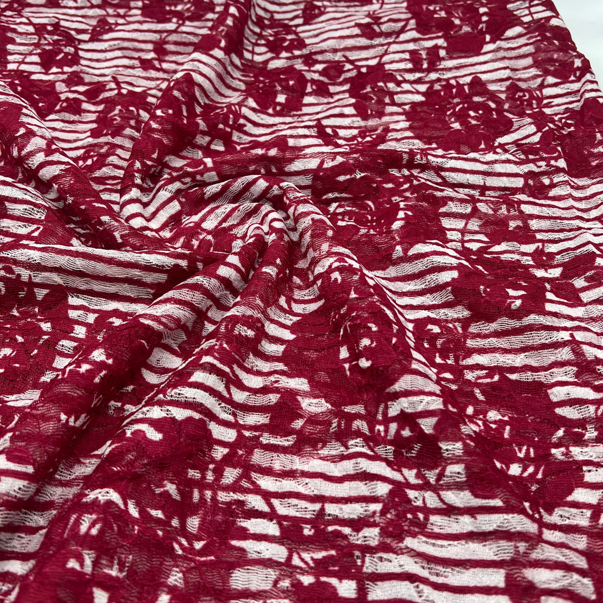 Dark Red Cream Floral Lace Fabric Stretch
