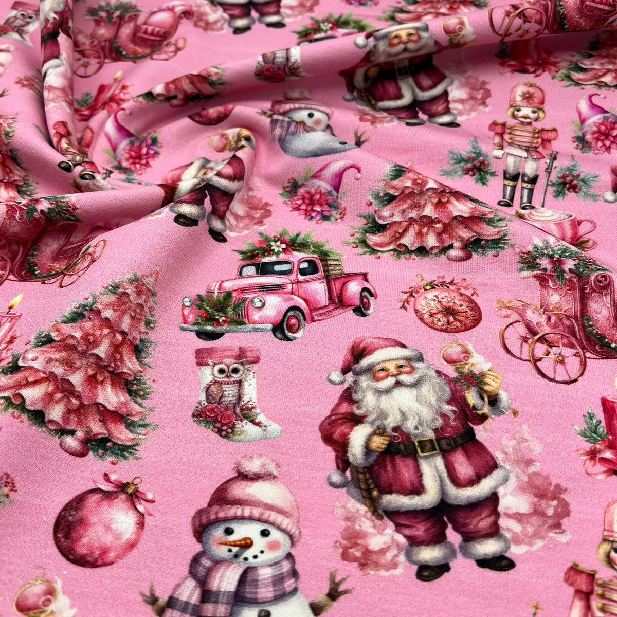 Pink Christmas French Terry Loopback Cotton Jersey Lycra 4 Way Stretch
