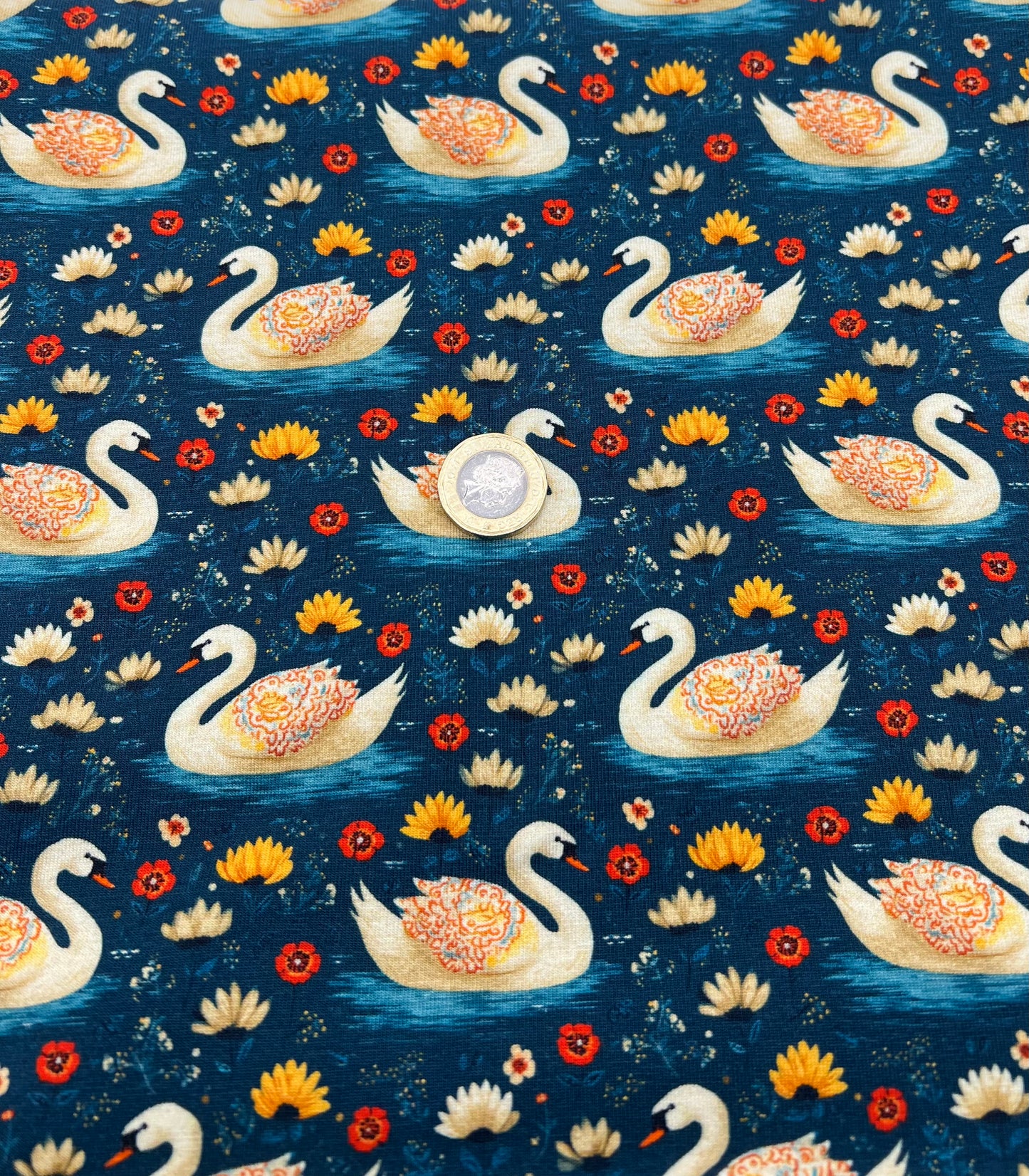 Folk Art Swans Print Cotton Stretch Jersey 200 GSM 95/5 Lycra 4 Way Stretch