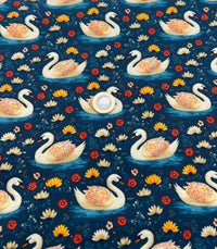 Folk Art Swans Print Cotton Stretch Jersey 200 GSM 95/5 Lycra 4 Way Stretch