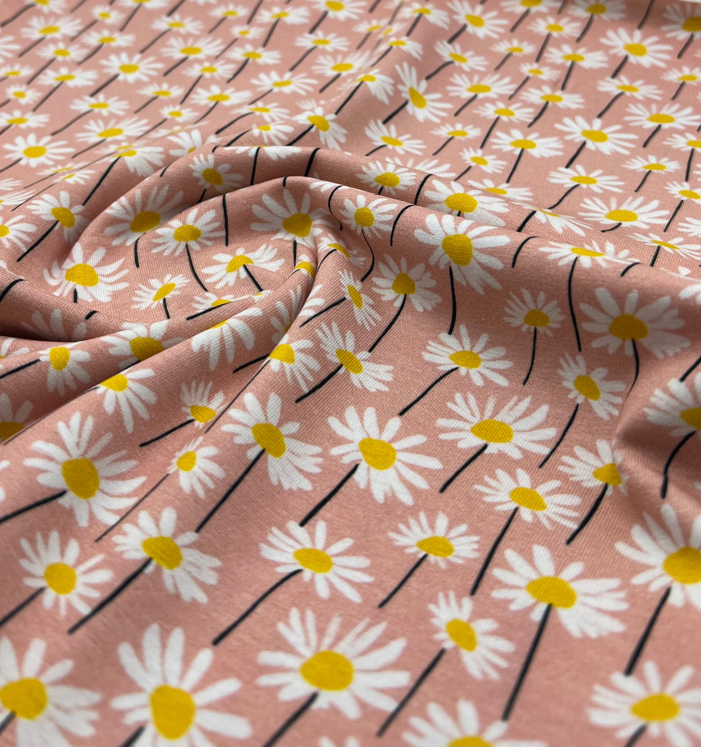 Daises Print Cotton Stretch Jersey 200 GSM 95/5 Lycra 4 Way Stretch