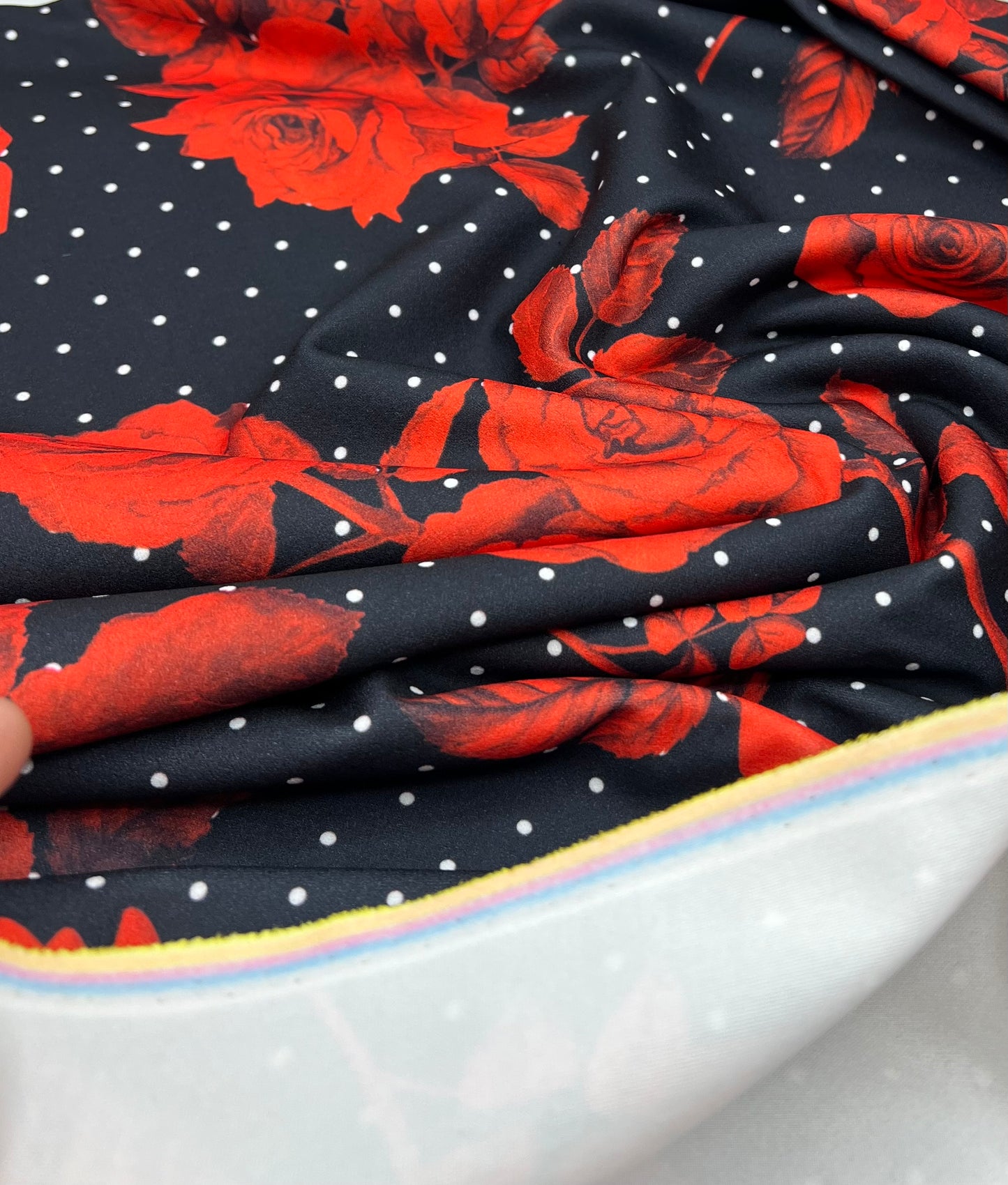 Black Rose Spot Printed Scuba Crepe Fabric 4 Way Stretch