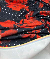Black Rose Spot Printed Scuba Crepe Fabric 4 Way Stretch