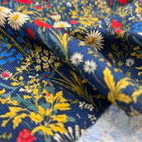 Dark Meadow Floral Print Cotton Needlecord Non Stretch Fabric