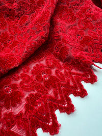 Red Embossed Textured Scalloped Edge Floral Lace Fabric Stretch