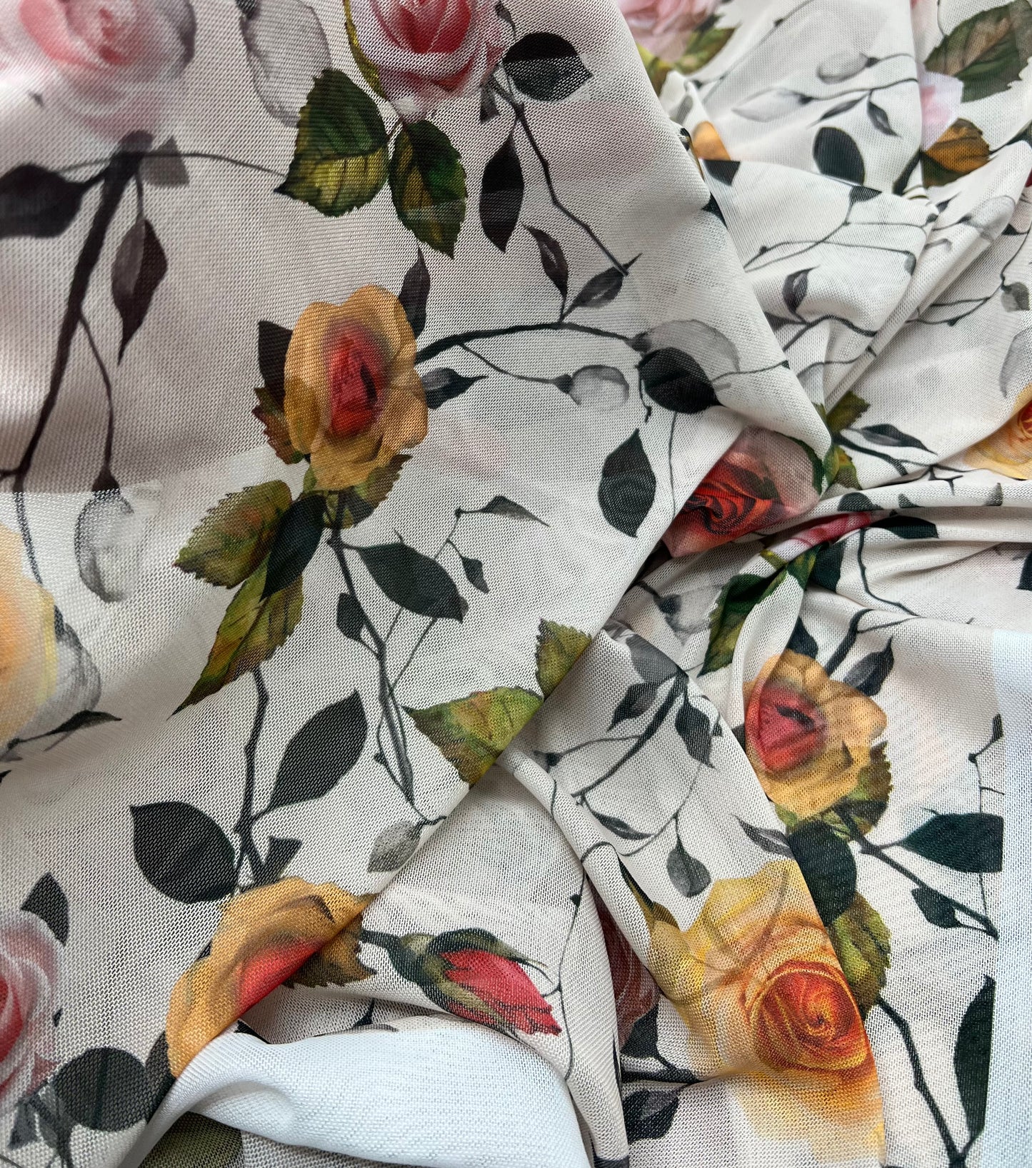 Beige Floral Mesh Fabric Stretch