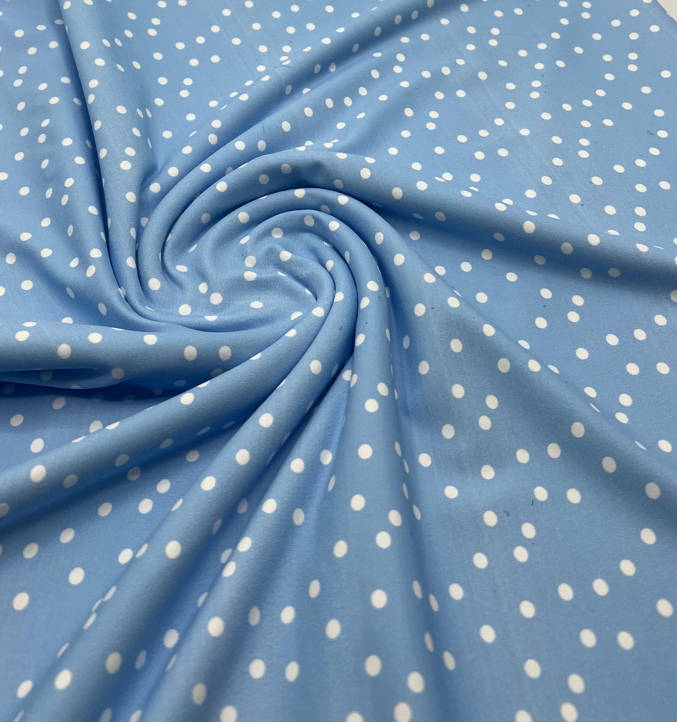 Baby Blue Polka Stretch Jersey 220GSM 4 Way Stretch Fabric (Slightly Faulty)