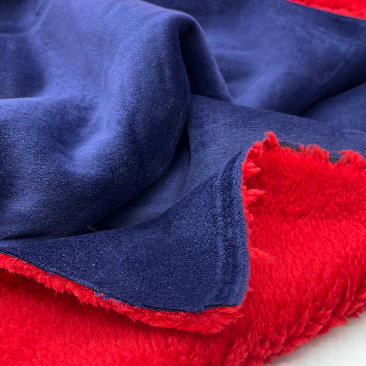 Red Sherpa Navy Backed Fleece Fluffy Faux Fur Fabric