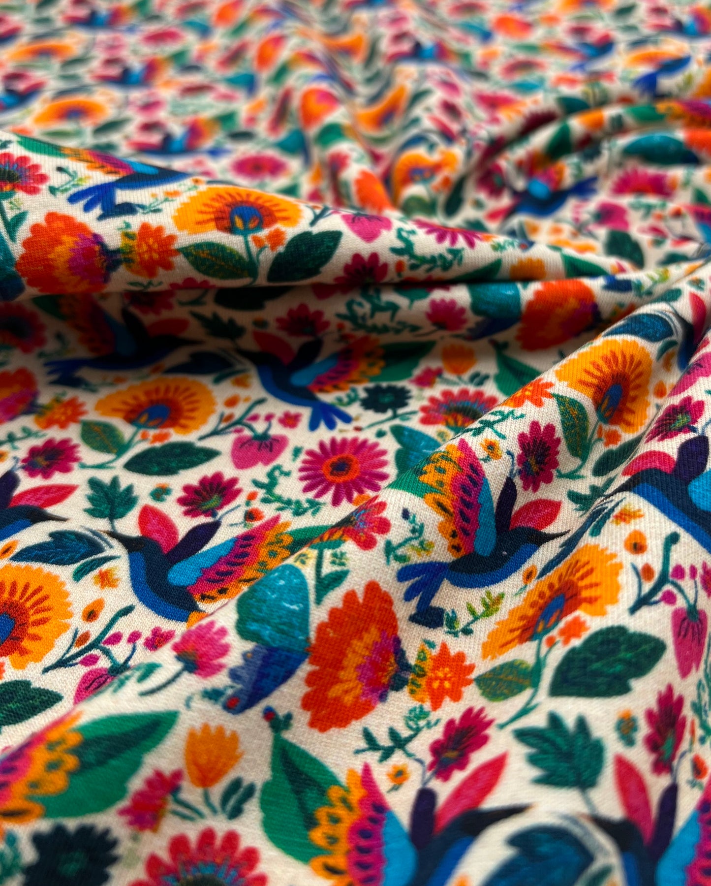 Folk Art Birds Print Cotton Stretch Jersey 200 GSM 95/5 Lycra 4 Way Stretch