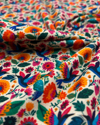 Folk Art Birds Print Cotton Stretch Jersey 200 GSM 95/5 Lycra 4 Way Stretch