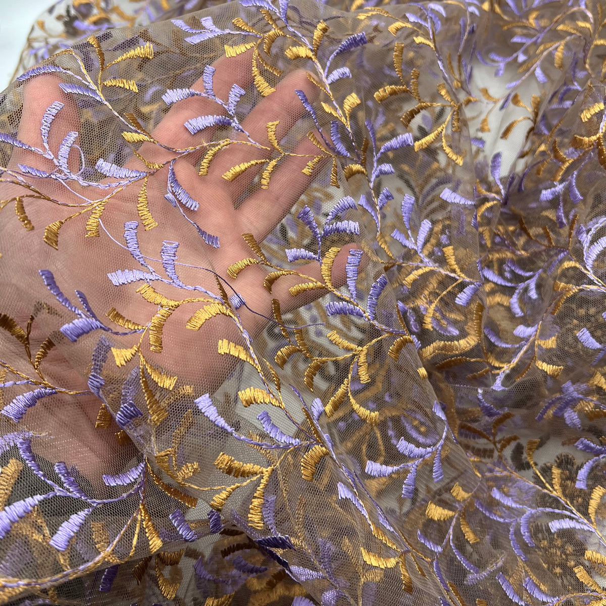 Gold Brown Lilac Floral Embroidered Tulle Lace Fabric