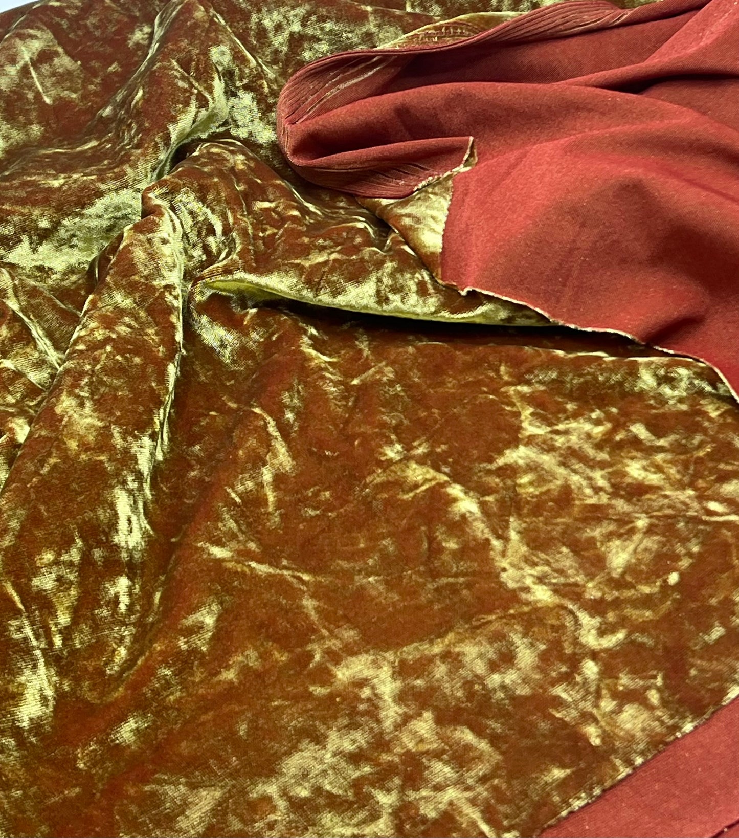Lime Green Rust Two Tone Crushed Velour Spandex Stretch Fabric