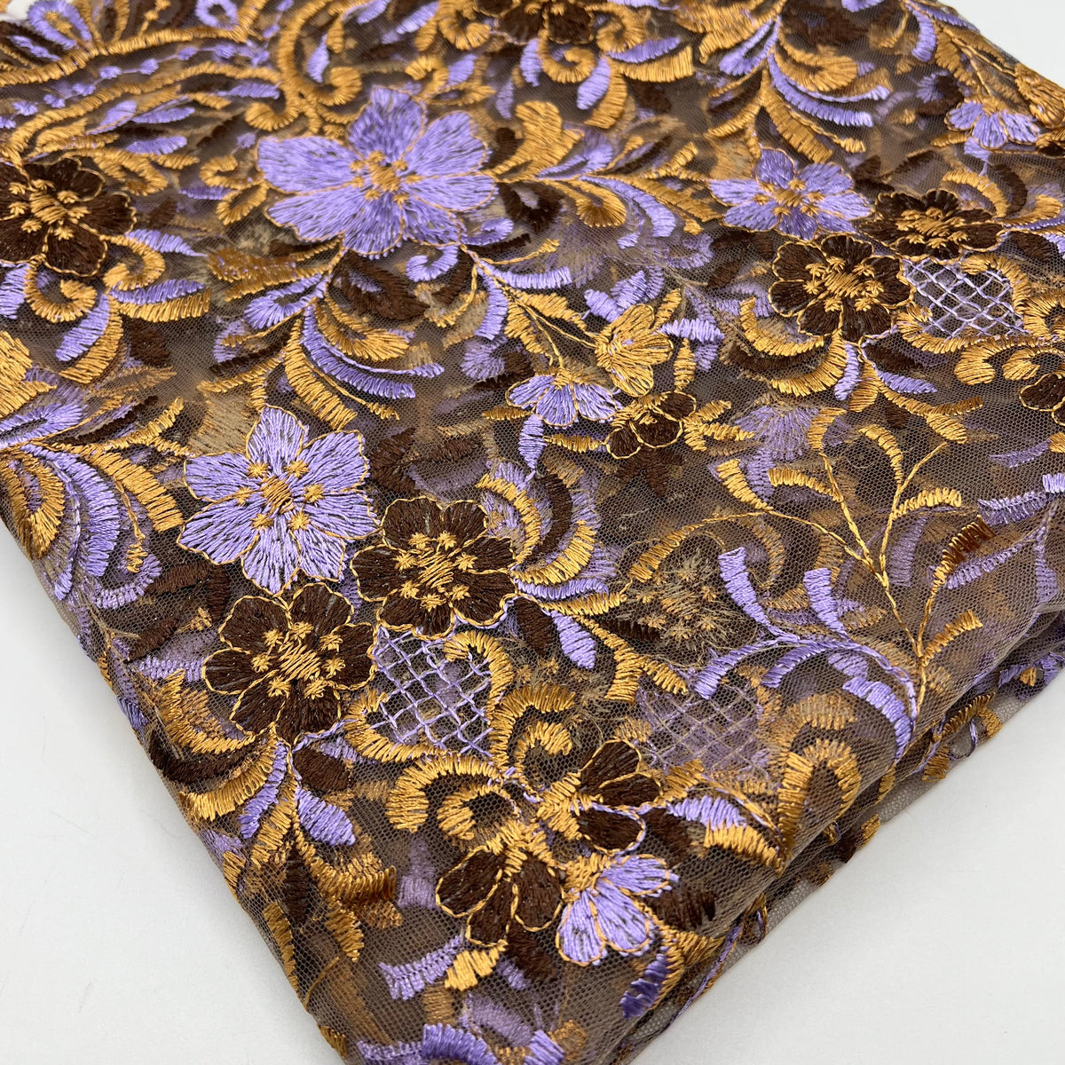 Gold Brown Lilac Floral Embroidered Tulle Lace Fabric
