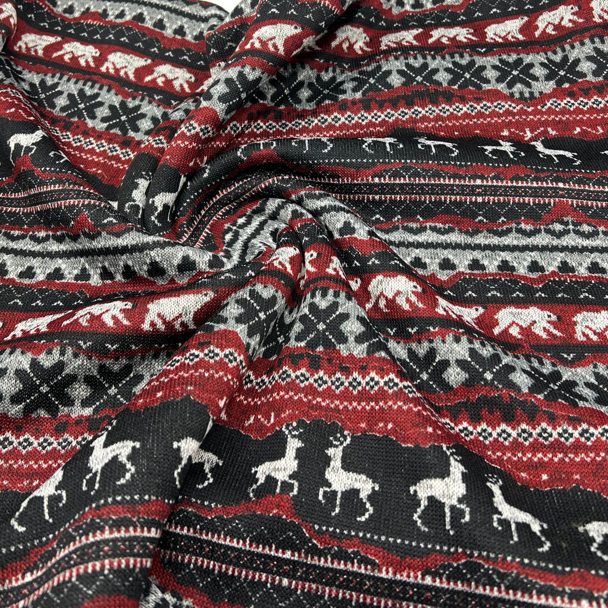 Burgundy Fairisle Christmas Melange Brushed Back Knit Stretch Fabric