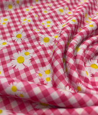 Pink Gingham Daisy Lightweight Stretch Fabric