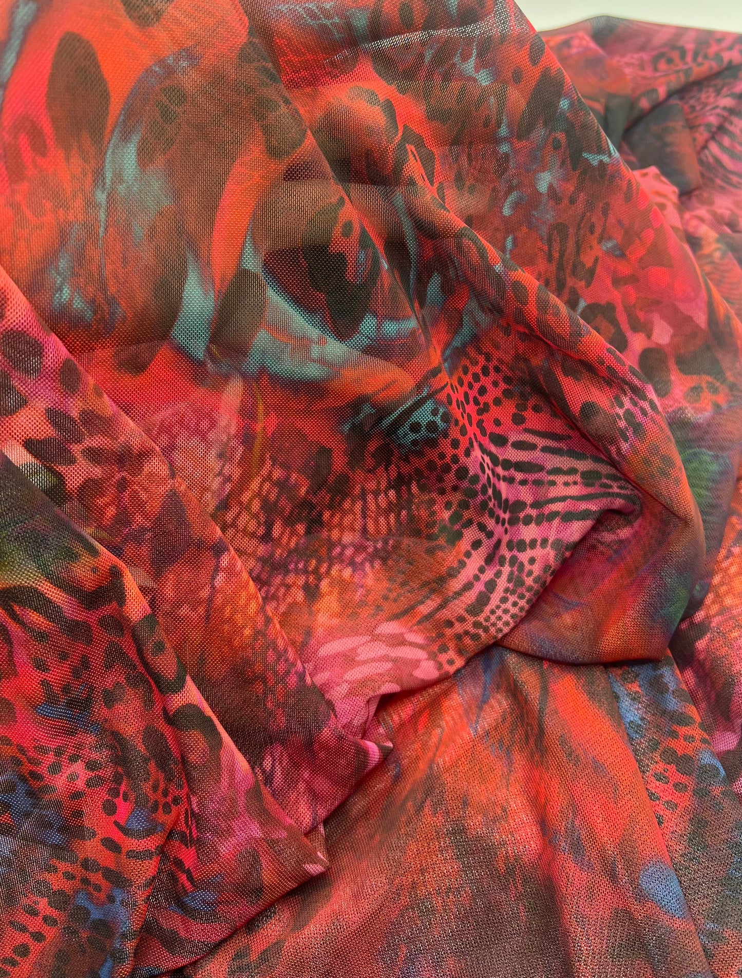 Red Rose Animal Mix Print Mesh Fabric Stretch