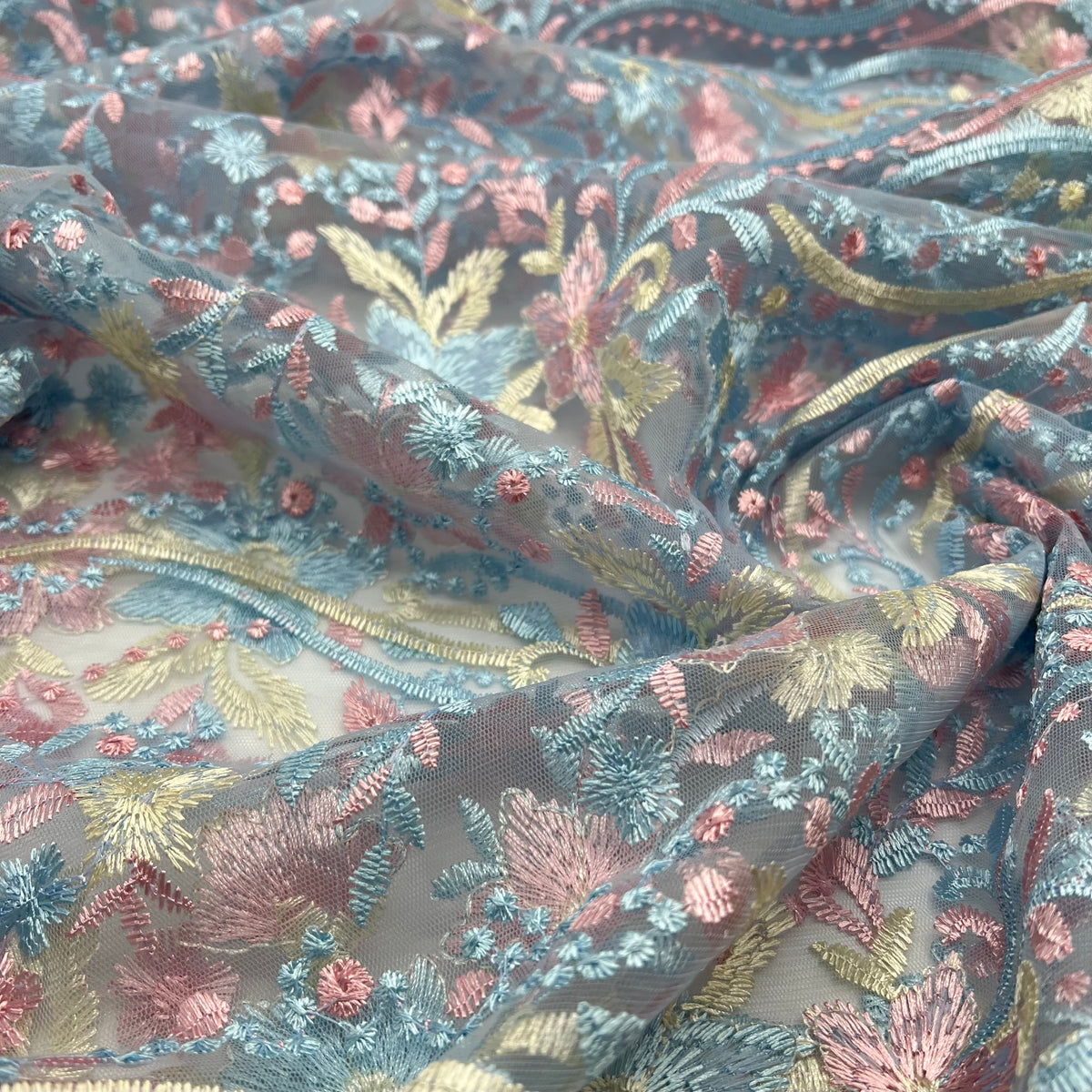 Blue Baby Pink Beige Floral Embroidered Tulle Lace Fabric
