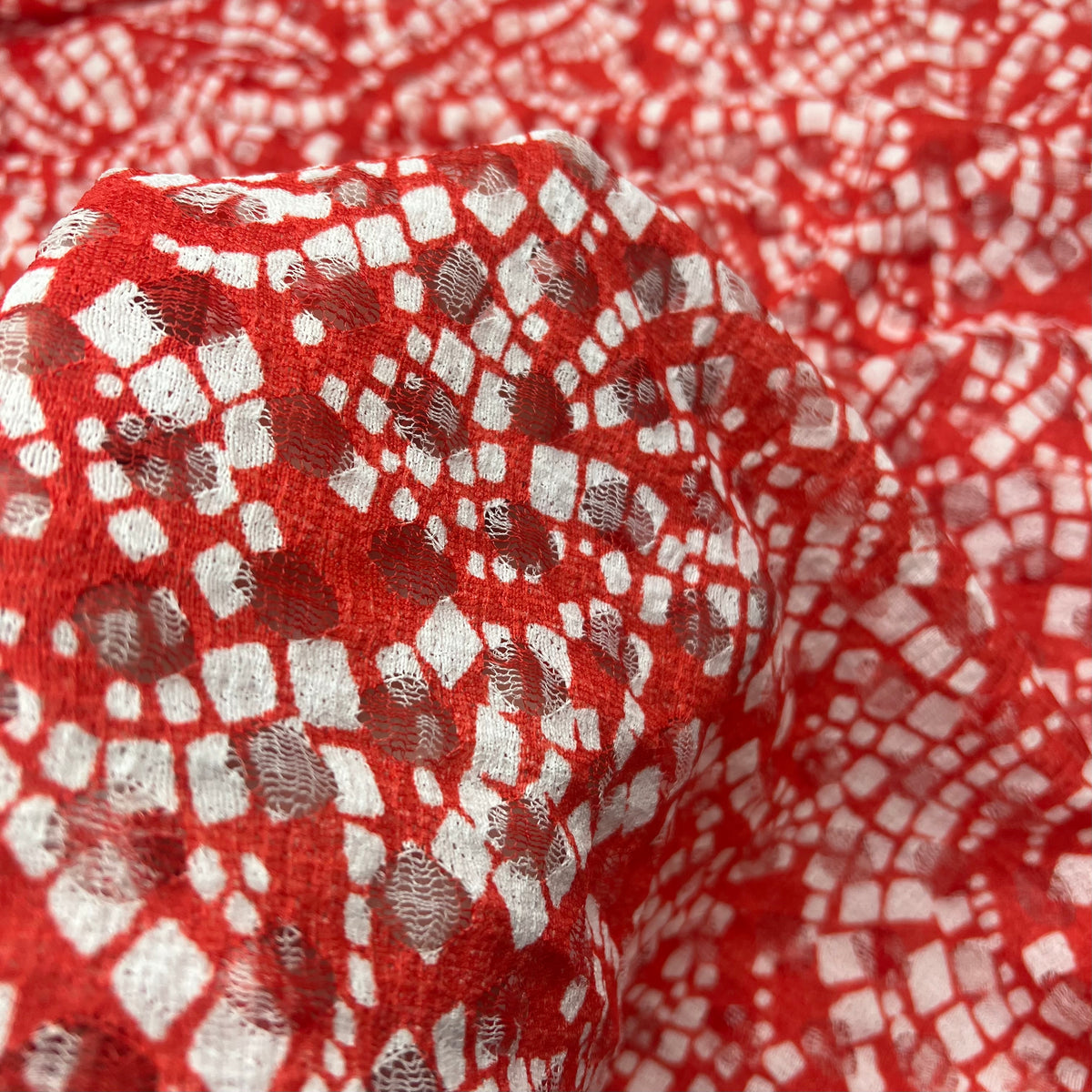 Red & White Abstract Mosaic Lace Fabric Stretch