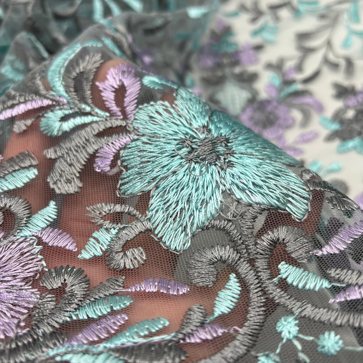 Grey Aqua Lilac Floral Embroidered Tulle Lace Fabric