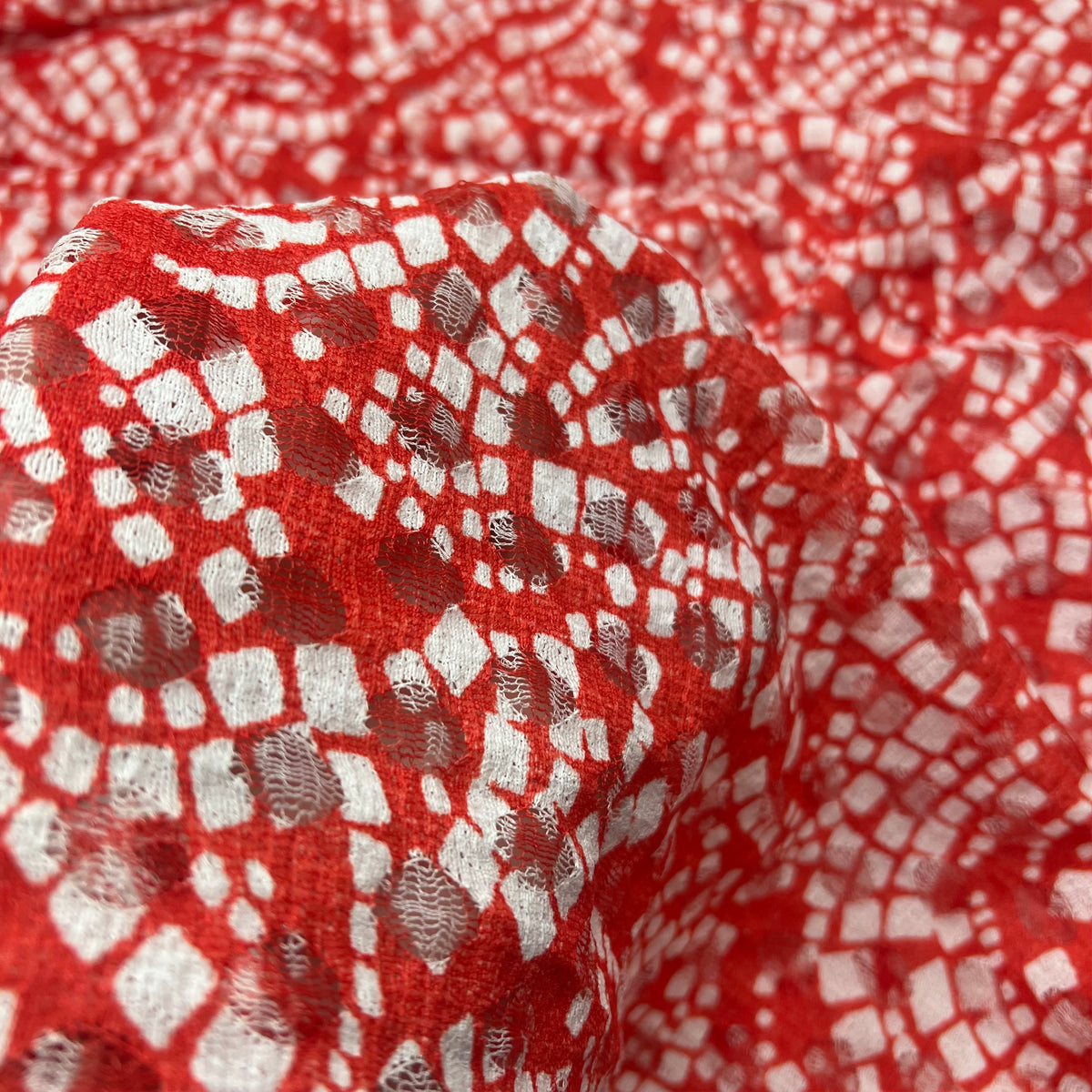 Red & White Abstract Mosaic Lace Fabric Stretch