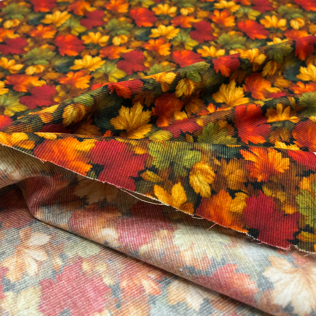 Leaf Print Cotton Needlecord Non Stretch Fabric