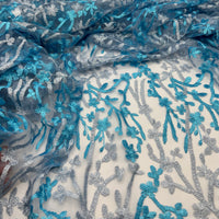 Blue Silver Floral Embroidered Tulle Lace Fabric