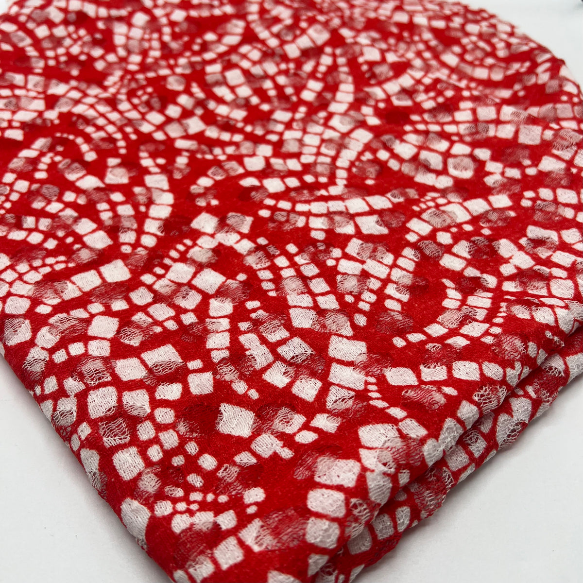 Red & White Abstract Mosaic Lace Fabric Stretch